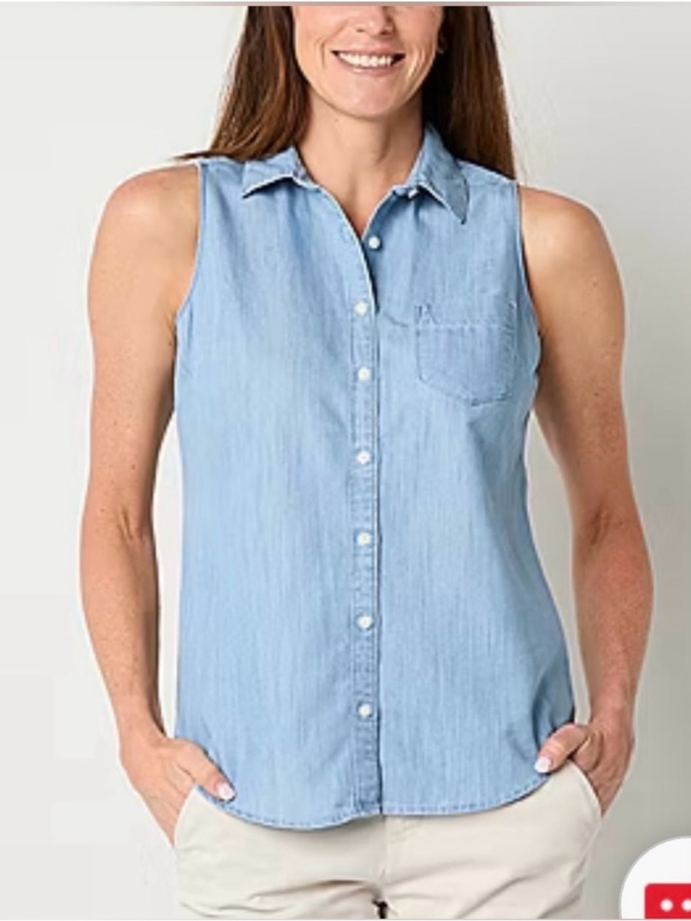 NWT - Plus women’s Sleeveless Denim Top regular fit button down shirt light an…